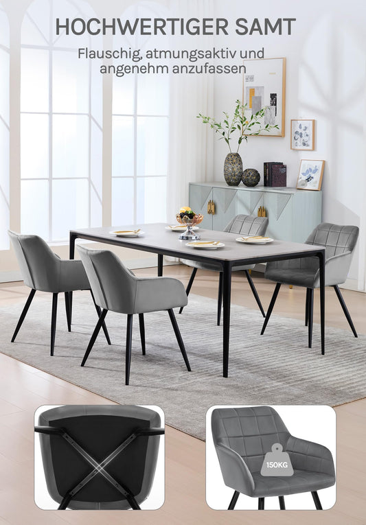 Esszimmerstuhl 1er Set – Samt, Metallbeine, Armlehnen, 150 kg, Dunkelgrau