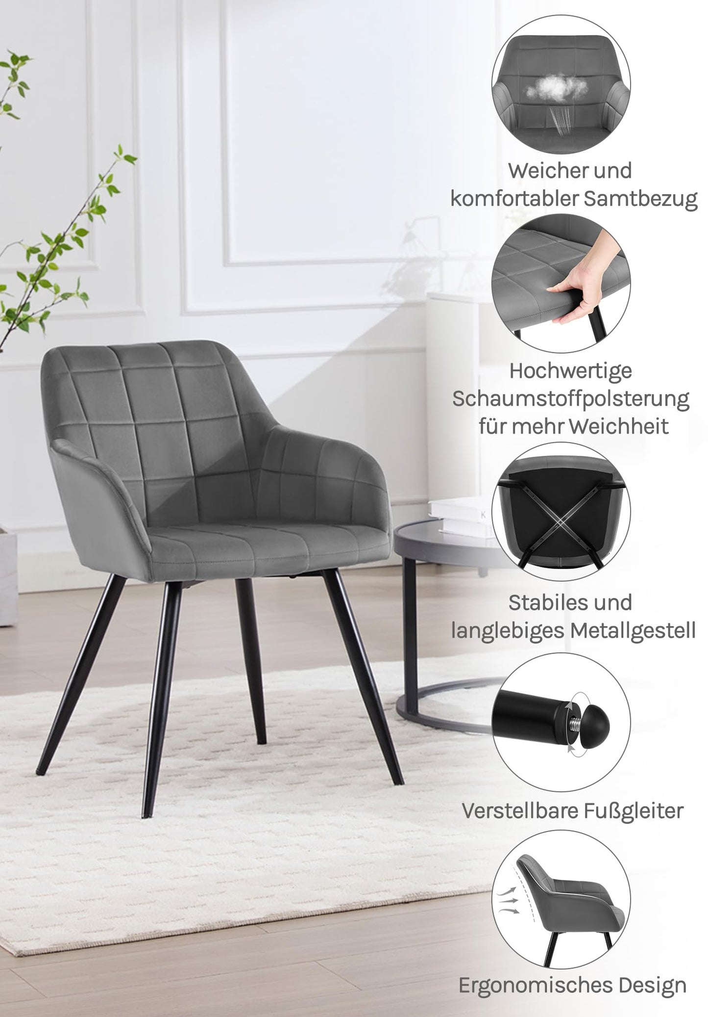 Esszimmerstuhl 1er Set – Samt, Metallbeine, Armlehnen, 150 kg, Dunkelgrau